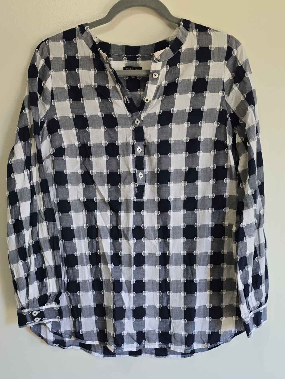 Talbots Navy and White Checked Half Button-Front Shirt Sz S